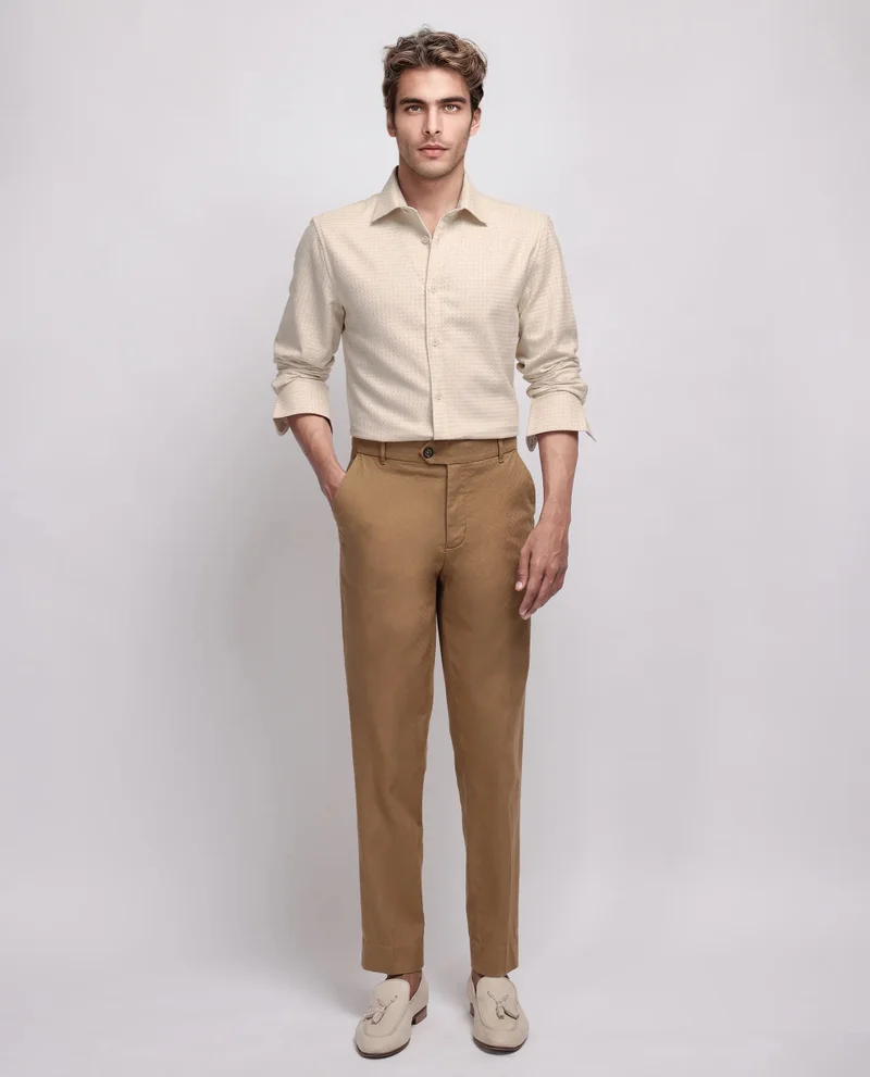 Rare Rabbit Rare Rabbit Men's Fei Ls Beige Cotton Fabric Full Sleeve Collared Neck Button Closure Textured Shirt