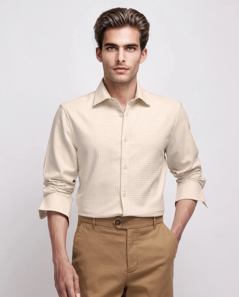 Rare Rabbit Rare Rabbit Men's Fei Ls Beige Cotton Fabric Full Sleeve Collared Neck Button Closure Textured Shirt