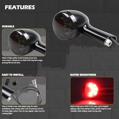 MotoParAcc Universal Smoked Bullet Front Rear LED Turn Signals, Motorcycle Brake Taillights 12V Tail Lights Compatible with Halrey Sportster XL1200 Iron 883 Touring Dyna - 2Pcs - Image 4