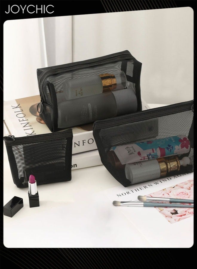 Joychic حقيبة تجميل كبيرة من النايلون الشبكي المثقوب للنساء والرجال 3 قطع، حقيبة تخزين متعددة الوظائف للحمام للسفر ورحلات العمل باللون الأسود - Image 1