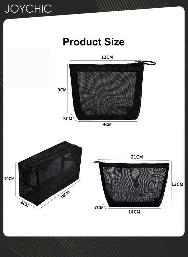 Joychic حقيبة تجميل كبيرة من النايلون الشبكي المثقوب للنساء والرجال 3 قطع، حقيبة تخزين متعددة الوظائف للحمام للسفر ورحلات العمل باللون الأسود - Image 5