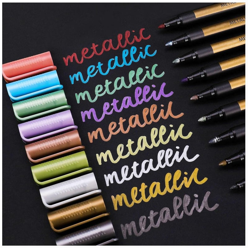 Sunshilor Sunshilor Metallic Marker Pens Medium Point Metallic Pens for Black Paper, Art Rock Painting, Halloween Pumpkin, Easter Egg, Ceramics, Wine Glass, Mug, Plastic, Wood, Scrapbook Crafts, 9 Colors  - Image 1