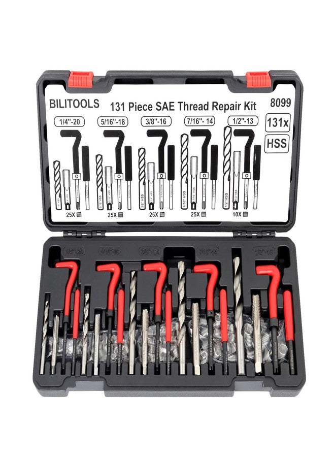 BILITOOLS Helicoil Thread Repair Kit SAE, 131-Piece HSS Drill Heli Coil Repair Kits 1/4" 5/16" 3/8" 7/16" 1/2" - Image 1