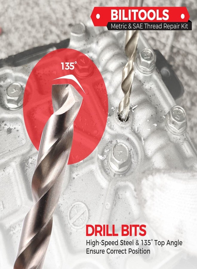 BILITOOLS Helicoil Thread Repair Kit SAE, 131-Piece HSS Drill Heli Coil Repair Kits 1/4" 5/16" 3/8" 7/16" 1/2" - Image 4