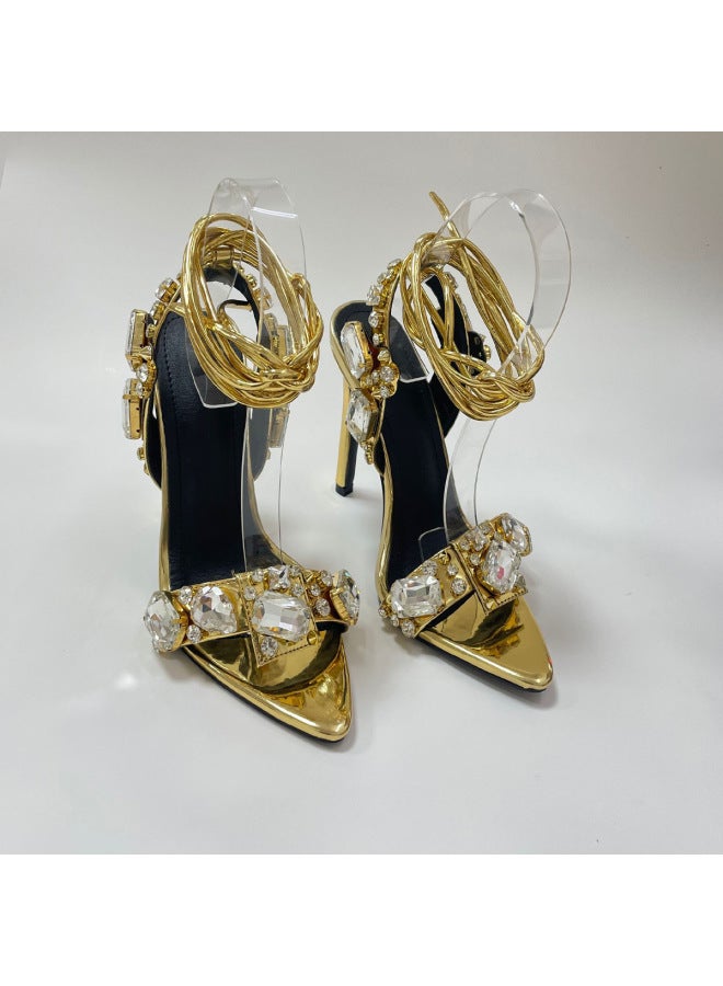 Gold High Heels Hot Cross-strap Rhinestone Open-toe Strappy Pointed-toe High-heeled Sandals