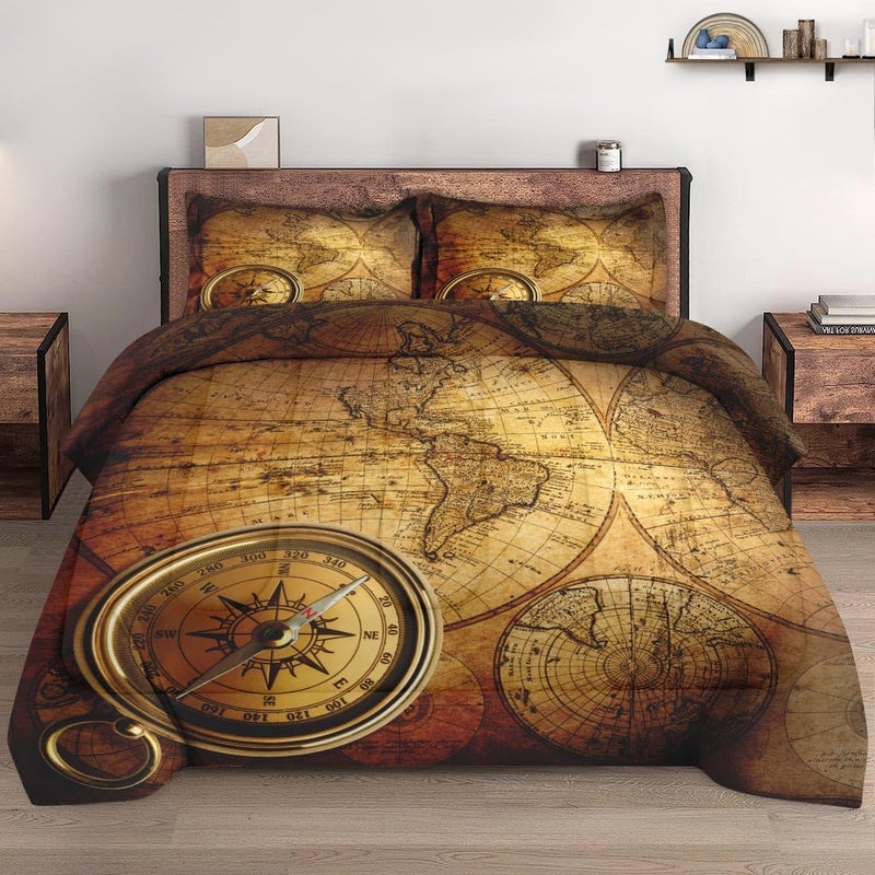 Wecozy Queen Size Comforter Set With 2 Pillowcases  Vintage Retro World Map Soft 3 Pcs Bedding For Kids And Adults Bedroom Bed Decor - Image 1