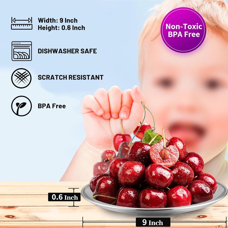 HaWare 188 Stainless Steel Plates 6Piece Metal 304 Dinner Dishes for Kids Children Toddlers 9 Inch Feeding Serving Camping Plates Reusable and Dishwasher Safe - Image 3