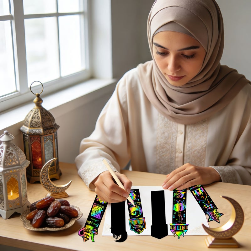 24 Sheets Black Ramadan Magic Scratch Paper Bookmark Craft Rainbow Star Moon Lantern Hanging Decor Eid Mubarak Card Party - Image 1