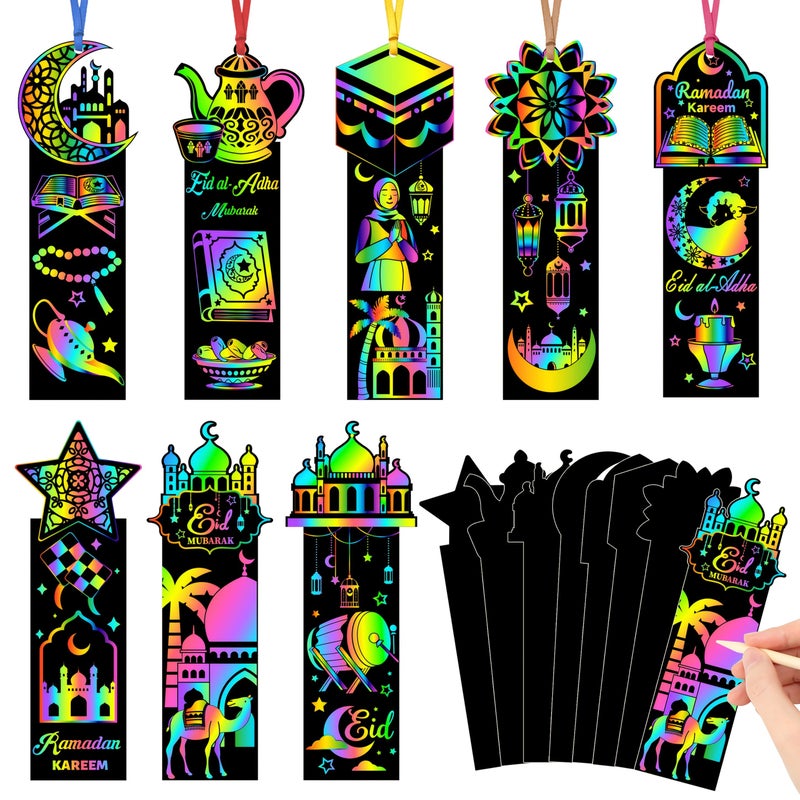 24 Sheets Black Ramadan Magic Scratch Paper Bookmark Craft Rainbow Star Moon Lantern Hanging Decor Eid Mubarak Card Party - Image 3