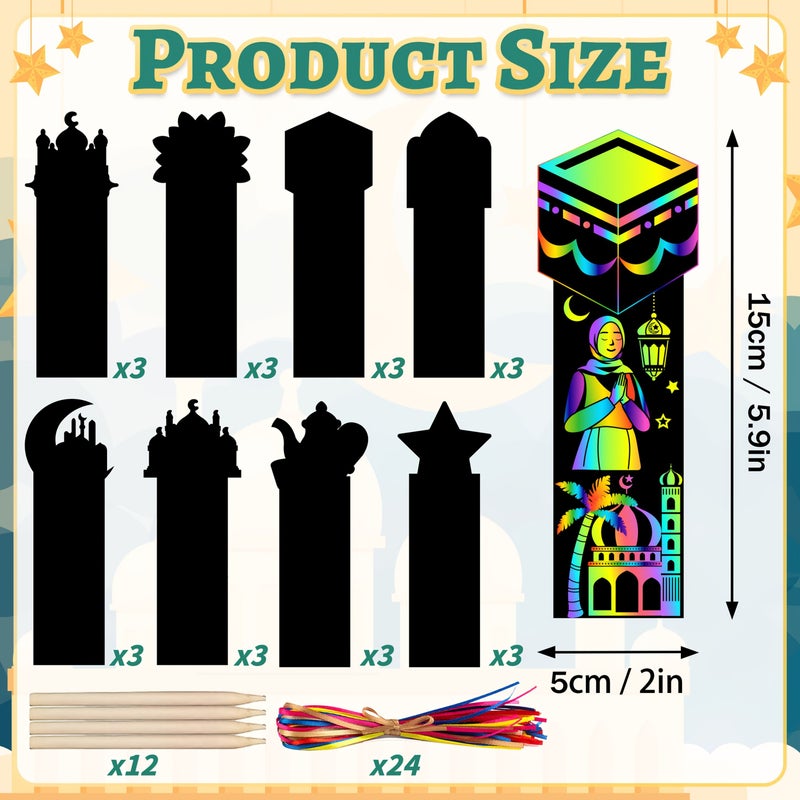 24 Sheets Black Ramadan Magic Scratch Paper Bookmark Craft Rainbow Star Moon Lantern Hanging Decor Eid Mubarak Card Party - Image 4