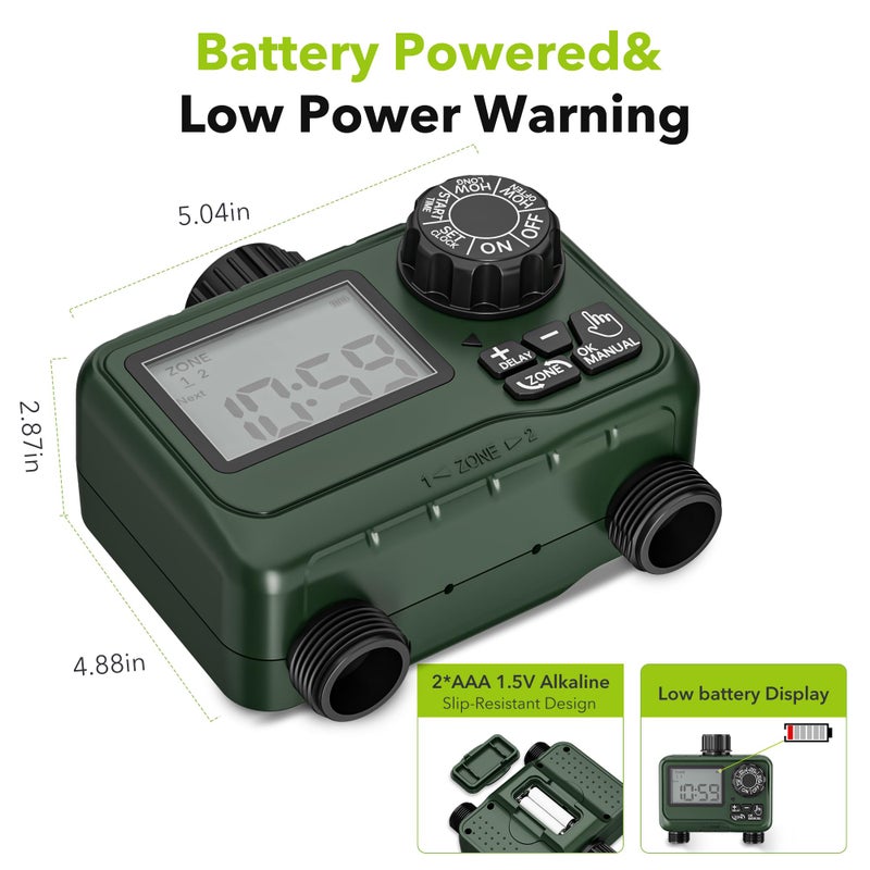 BN-LINK Sprinkler Timer Outdoor - 2 Zone Programmable Water Timer with Rain Delay, Automatic Irrigation System for Lawns & Garden Hoses - Waterproof Manual Controller with Large LCD Display - Image 2