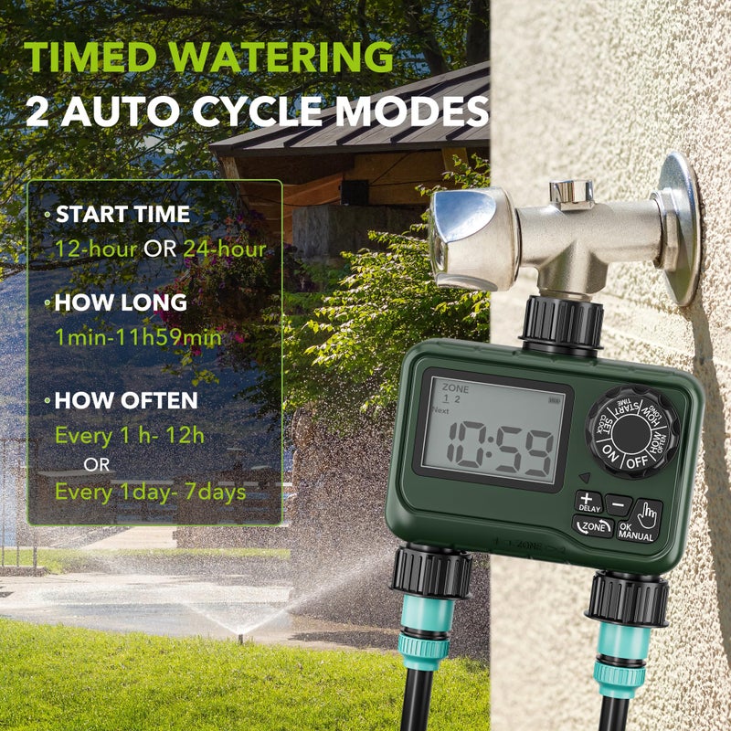 BN-LINK Sprinkler Timer Outdoor - 2 Zone Programmable Water Timer with Rain Delay, Automatic Irrigation System for Lawns & Garden Hoses - Waterproof Manual Controller with Large LCD Display - Image 3