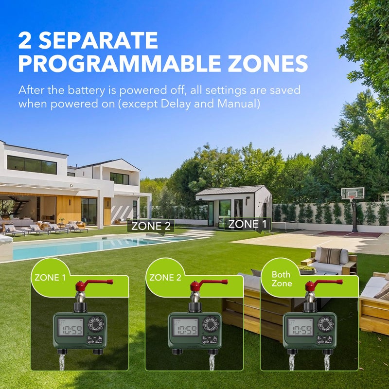 BN-LINK Sprinkler Timer Outdoor - 2 Zone Programmable Water Timer with Rain Delay, Automatic Irrigation System for Lawns & Garden Hoses - Waterproof Manual Controller with Large LCD Display - Image 4