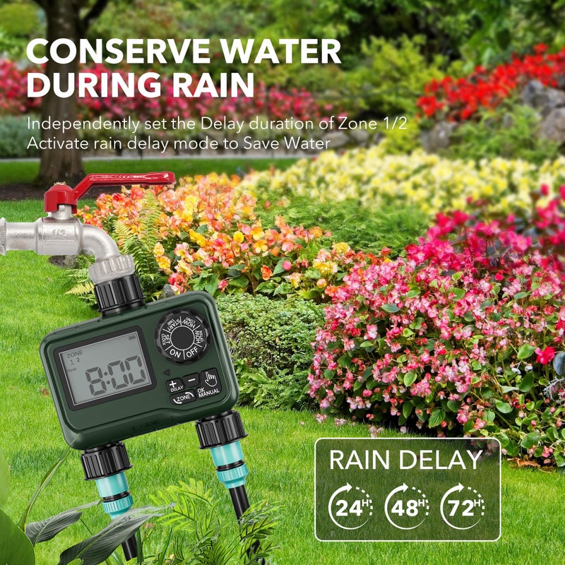 BN-LINK Sprinkler Timer Outdoor - 2 Zone Programmable Water Timer with Rain Delay, Automatic Irrigation System for Lawns & Garden Hoses - Waterproof Manual Controller with Large LCD Display - Image 5
