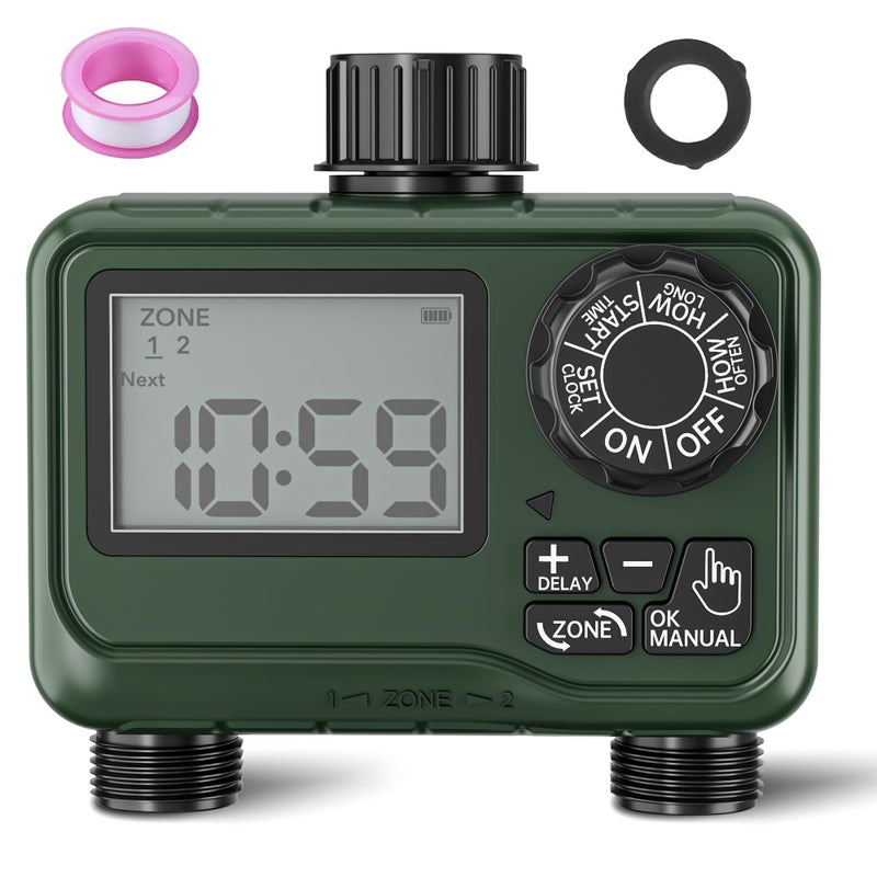 BN-LINK Sprinkler Timer Outdoor - 2 Zone Programmable Water Timer with Rain Delay, Automatic Irrigation System for Lawns & Garden Hoses - Waterproof Manual Controller with Large LCD Display - Image 1