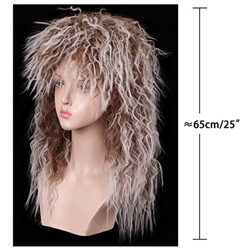 FantaLook Long Cruly Brown with White 80s Wig for Women - Image 5