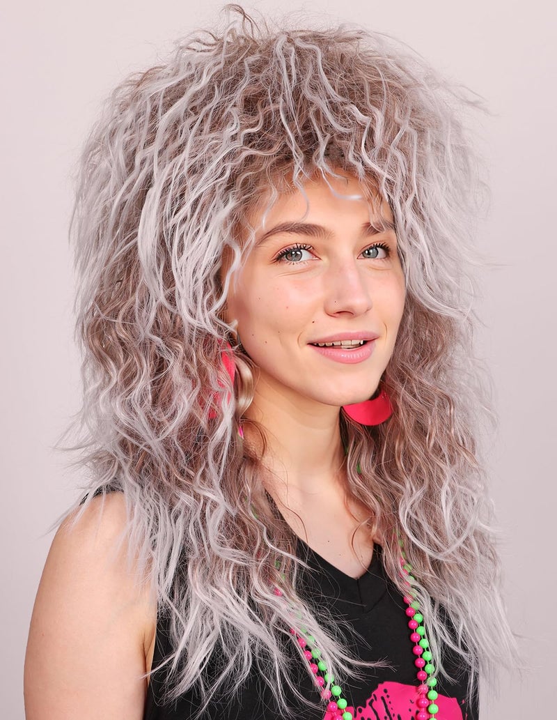 FantaLook Long Cruly Brown with White 80s Wig for Women - Image 2