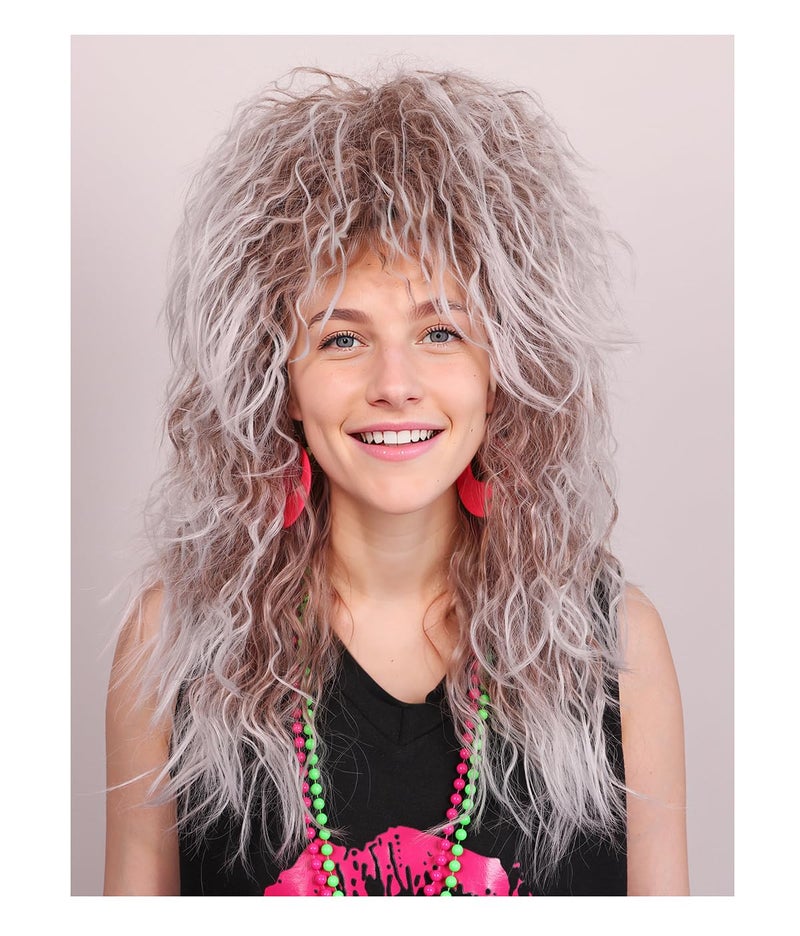 FantaLook Long Cruly Brown with White 80s Wig for Women - Image 1