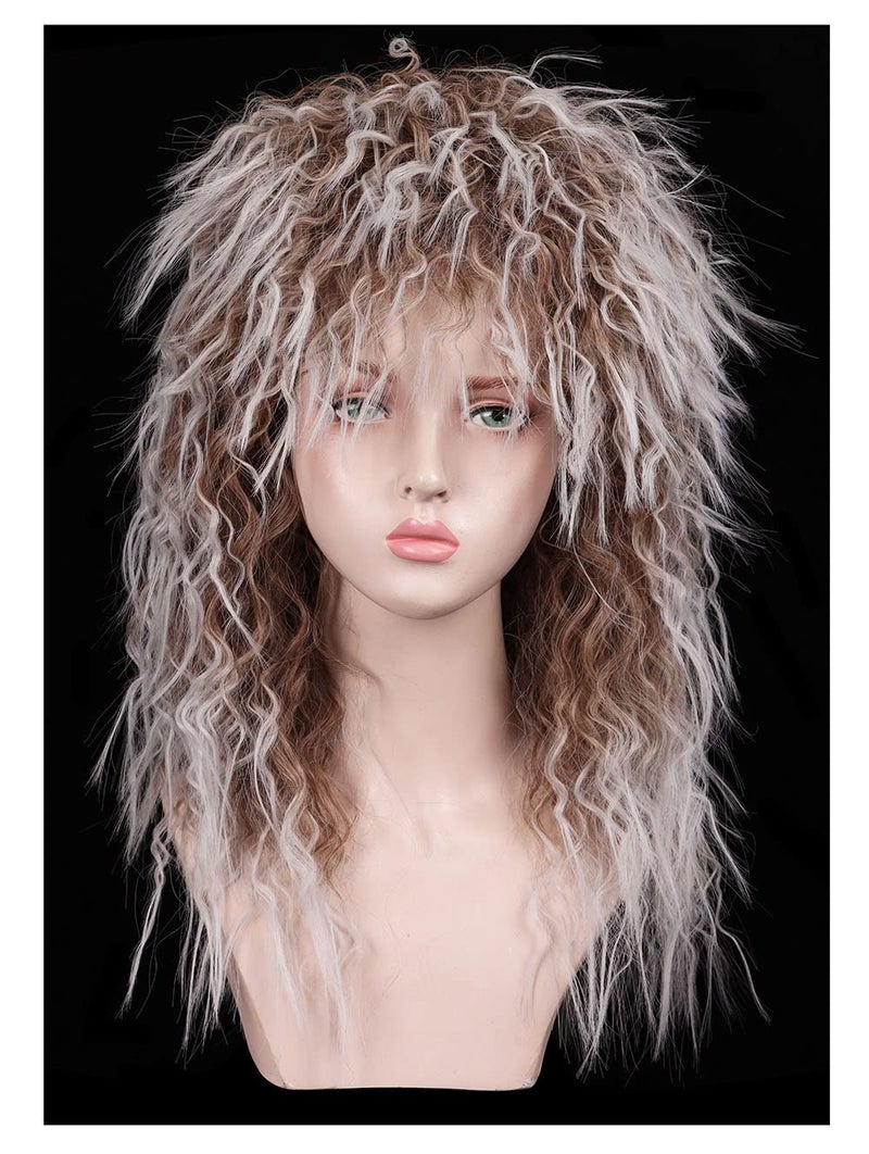 FantaLook Long Cruly Brown with White 80s Wig for Women - Image 4