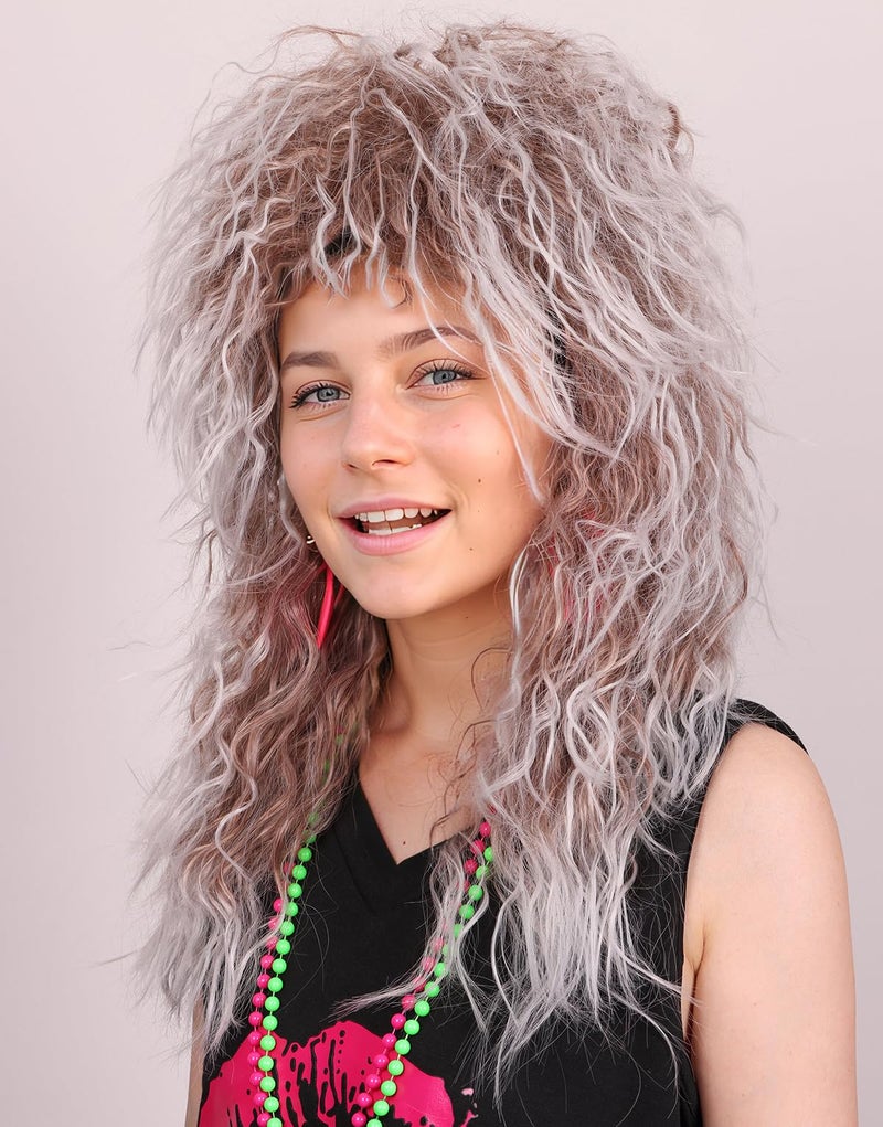 FantaLook Long Cruly Brown with White 80s Wig for Women - Image 3