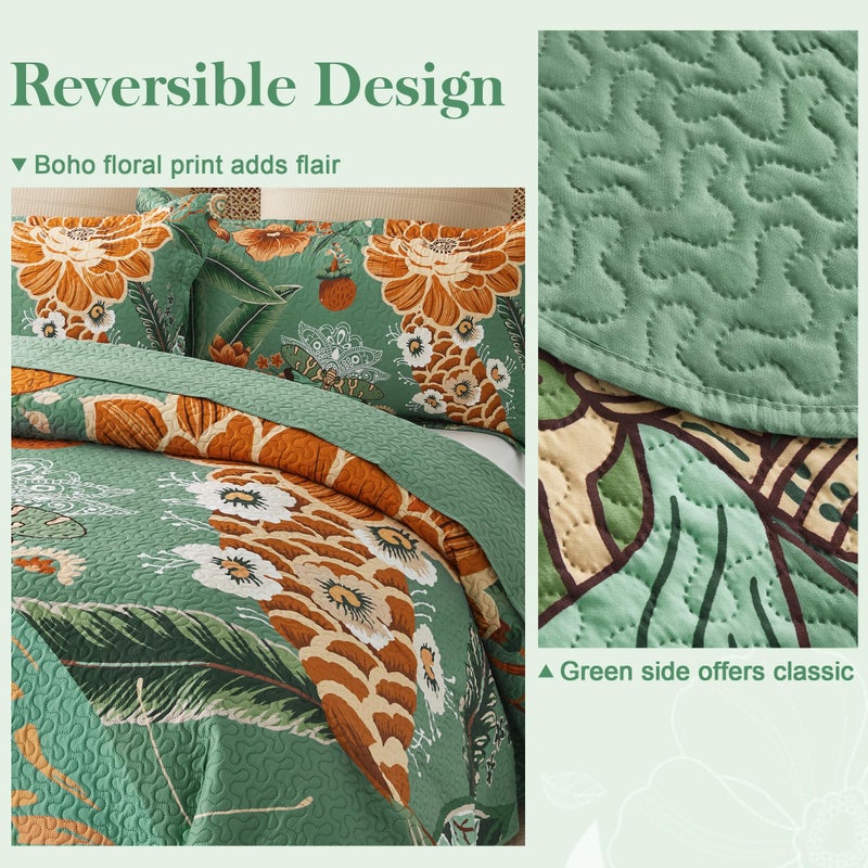 Tyrot 3 Piece Sage Green Boho Floral Full/Queen Quilt Sets Farmhouse Botanical Reversible Lightweight Bedspread Coverlet with 2 Shams Butterfly Microfiber Bedding Quilts Set for All Season, 90''x96'' - Image 3