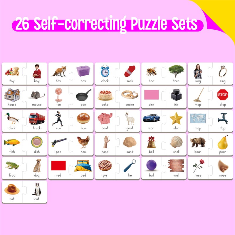 SpriteGru Rhyming Puzzles, 26 Groups Rhyming Word Cards Phonics Matching Game Self-Correcting Puzzle Early Childhood Learning Card for Kindergarten Preschool - Image 2