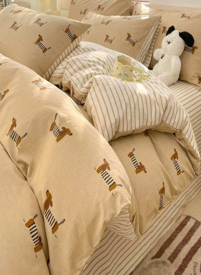 Bildenly Dachshund Duvet Cover Set Twin Size Khaki Sausage Dog Stripe Reversible Comforter Cover Cute Kawaii Puppy Dog Pet Animal Pattern Bedding Set with Zipper Closure and Pillowcase for Girls Boys - Image 1