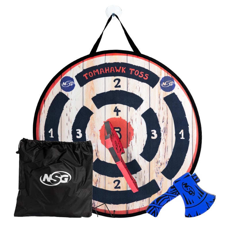 NSG Tomahawk Toss Foam Axe Throwing Game for Kids Two Lightweight Axes with Large Easy Stick Target WoodBlackredBlue JS7000 - Image 2