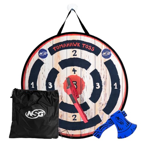 NSG Tomahawk Toss Foam Axe Throwing Game for Kids Two Lightweight Axes with Large Easy Stick Target WoodBlackredBlue JS7000 - Image 1