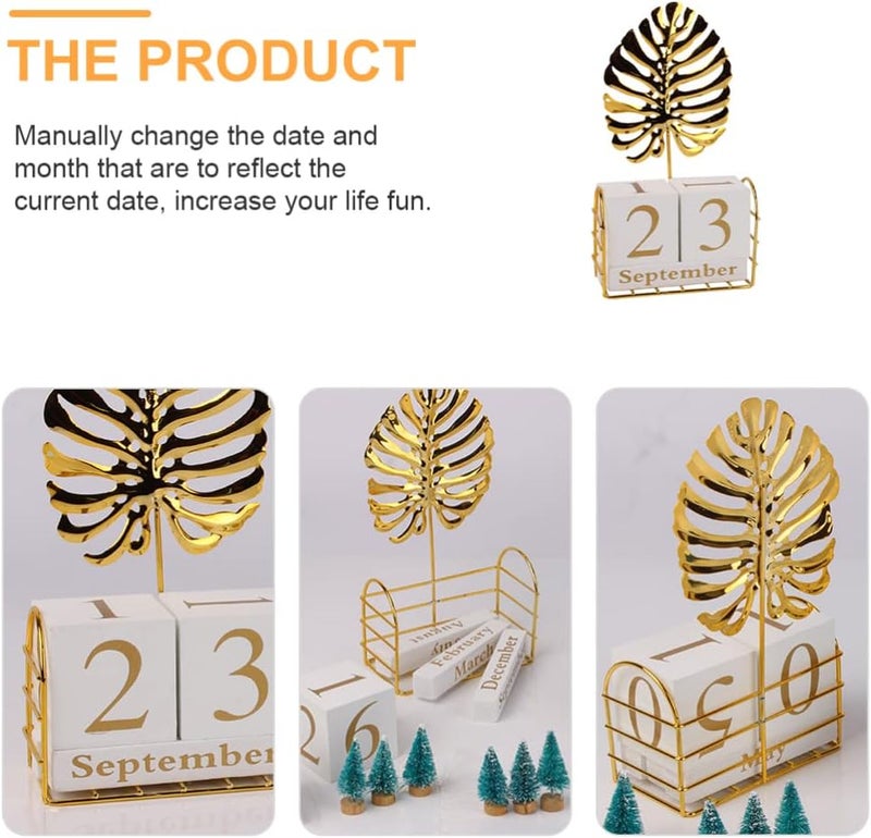 klarako Vintage Wood Block Perpetual Calendar with Palm Leaf Figurine Month Date Display for Home Office Desk Rustic Decoration Gold - Image 5