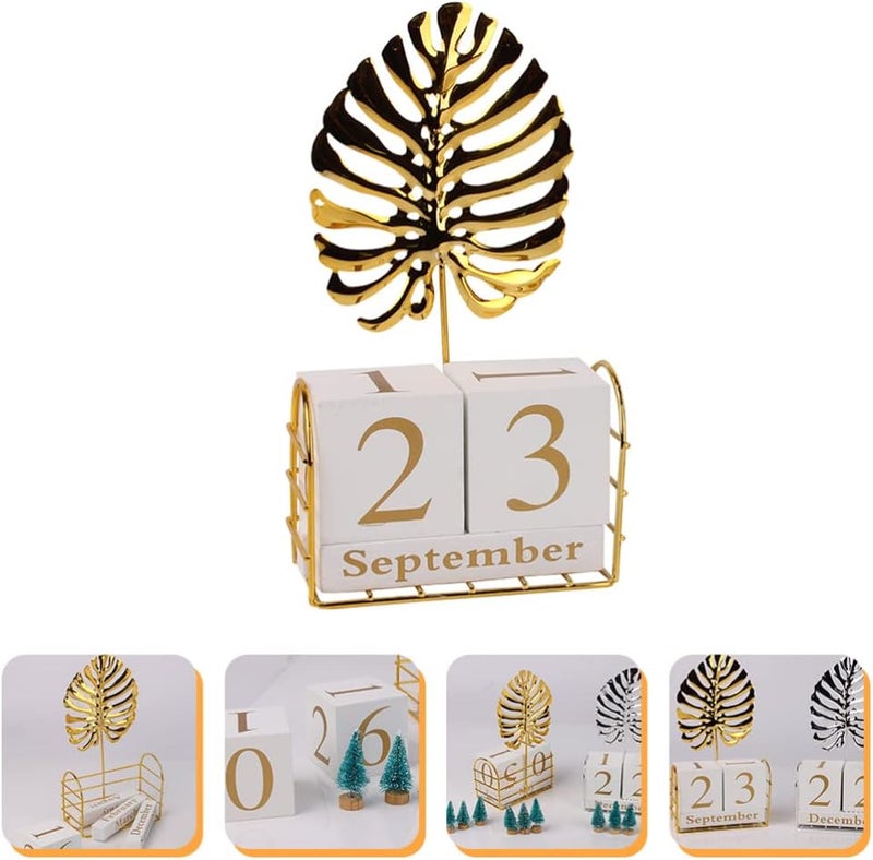 klarako Vintage Wood Block Perpetual Calendar with Palm Leaf Figurine Month Date Display for Home Office Desk Rustic Decoration Gold - Image 4