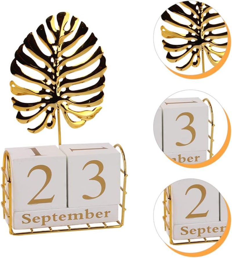 klarako Vintage Wood Block Perpetual Calendar with Palm Leaf Figurine Month Date Display for Home Office Desk Rustic Decoration Gold - Image 2