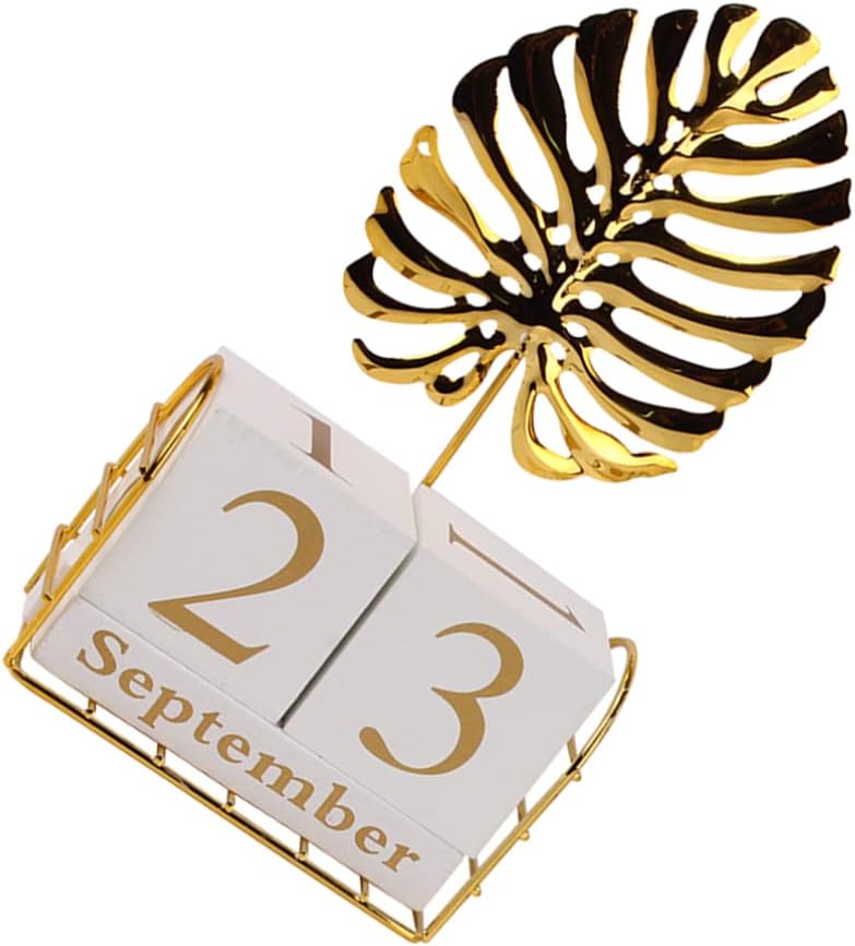 klarako Vintage Wood Block Perpetual Calendar with Palm Leaf Figurine Month Date Display for Home Office Desk Rustic Decoration Gold - Image 3