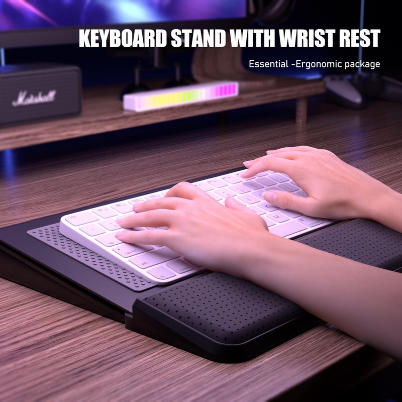 Haonon Computer Keyboard Stand with Wrist Rest & Storage Tray - Acrylic Keyboard Riser for Office Desk Accessories Decor, Ergonomic Keyboard Holder for Home Comfortable Typing - Fits All Keyboard Sizes - Image 2
