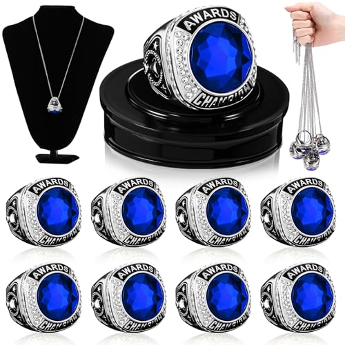 Landical 10 Pcs Championship Trophy Rings Bulk MVP Winner Youth Award Gift with Neck Chains and Display Stand for Basketball Baseball Football Volleyball SoftballAzure Silver - Image 1