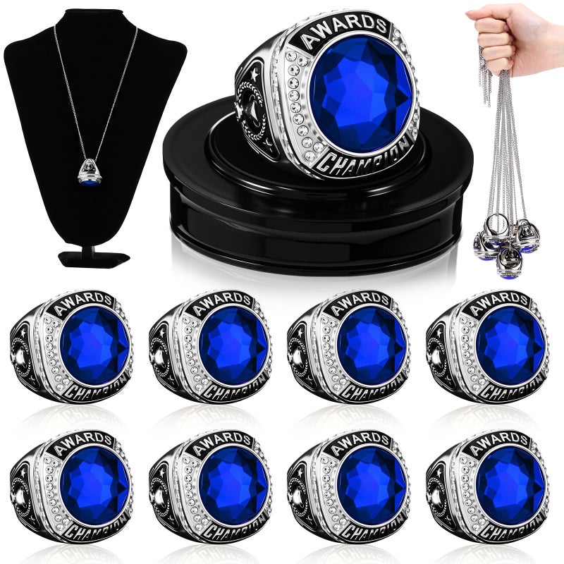 Landical 10 Pcs Championship Trophy Rings Bulk MVP Winner Youth Award Gift with Neck Chains and Display Stand for Basketball Baseball Football Volleyball SoftballAzure Silver - Image 2