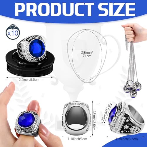 Landical 10 Pcs Championship Trophy Rings Bulk MVP Winner Youth Award Gift with Neck Chains and Display Stand for Basketball Baseball Football Volleyball SoftballAzure Silver - Image 3