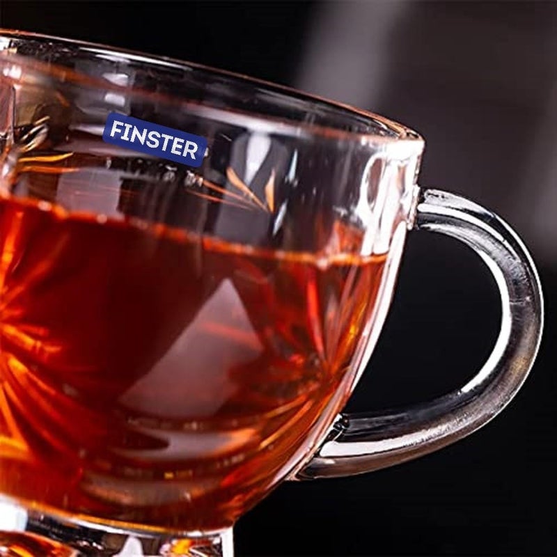 FINSTER Glass Tea Mugs Set of 6150ml Transparent Flower Design Coffee Cups with Handle for Cappuccino Latte Chia Iced Tea or Hot and Cold Beverages Perfect for Home Restaurants - Image 5