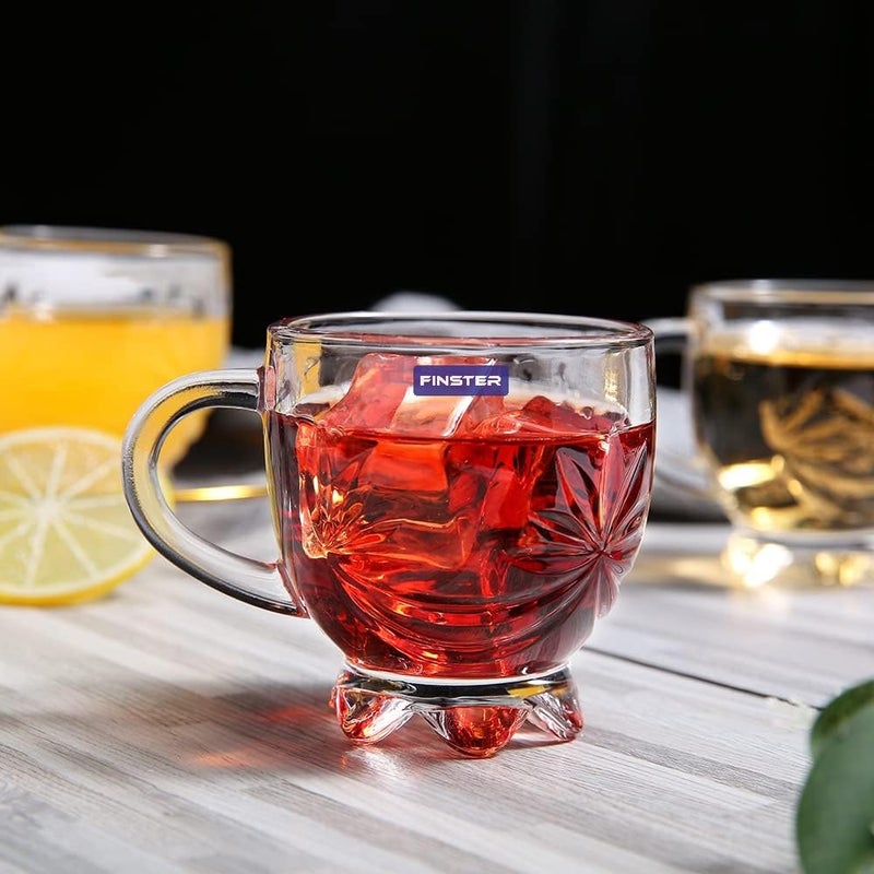 FINSTER Glass Tea Mugs Set of 6150ml Transparent Flower Design Coffee Cups with Handle for Cappuccino Latte Chia Iced Tea or Hot and Cold Beverages Perfect for Home Restaurants - Image 2