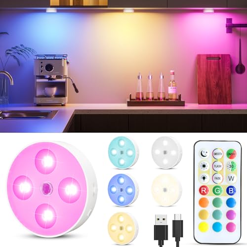 HOMEBEST RGB Puck Lights with Remote & Motion Sensor – 1500mAh Rechargeable Under Cabinet Lighting for Kitchen, Closet & Stairs – 13 Colors, Magnetic Stick-On Lights, 6 Pack - Image 1