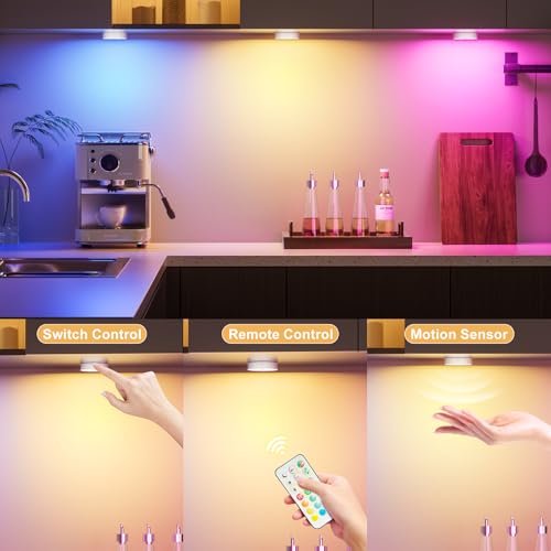 HOMEBEST RGB Puck Lights with Remote & Motion Sensor – 1500mAh Rechargeable Under Cabinet Lighting for Kitchen, Closet & Stairs – 13 Colors, Magnetic Stick-On Lights, 6 Pack - Image 4