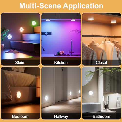 HOMEBEST RGB Puck Lights with Remote & Motion Sensor – 1500mAh Rechargeable Under Cabinet Lighting for Kitchen, Closet & Stairs – 13 Colors, Magnetic Stick-On Lights, 6 Pack - Image 3