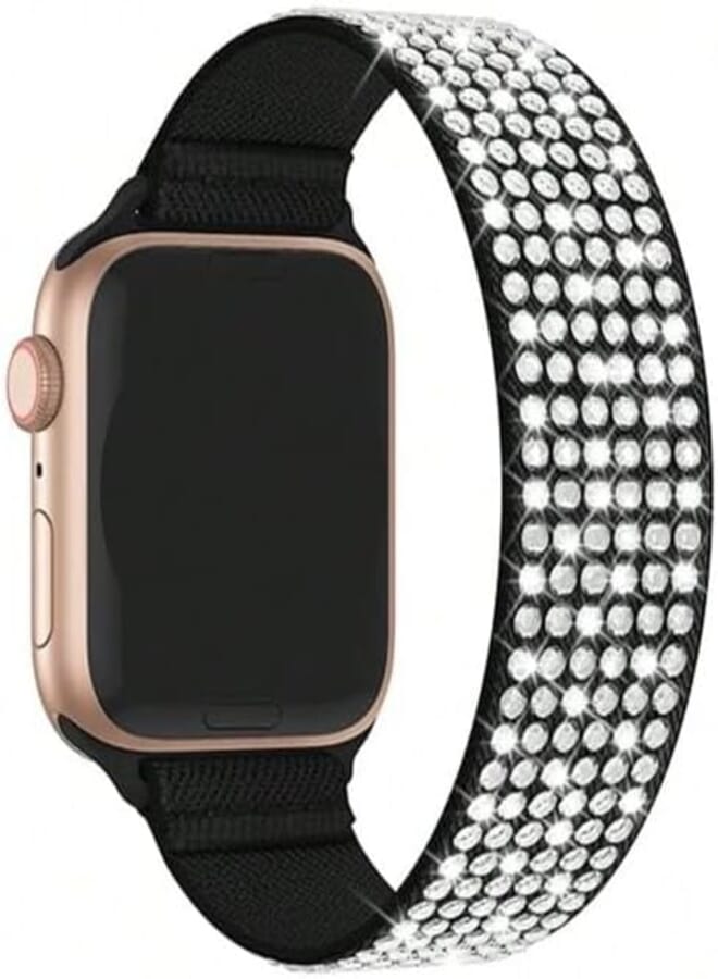 Next Next Store Diamond Elastic Nylon Watch Band, Soft Stretchy Nylon Loop Compatible with iWatch Series 1/2/3/4/5/6/7/8/9 Sizes 41mm/40mm/38mm (Black)