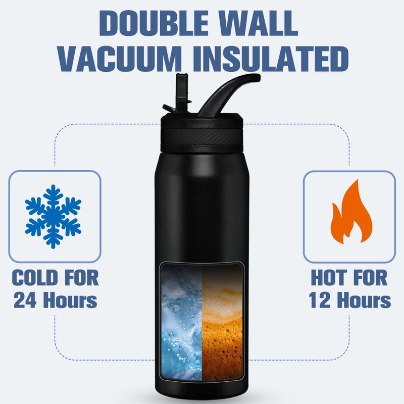 OLDLEY 24 oz Insulated Water Bottle With Straw, Stainless Steel Sports Water Cup Flask with 3 Lids(Straw, Spout and Handle Lid) Double Walled Travel Thermal Canteen Mug,Black - Image 4