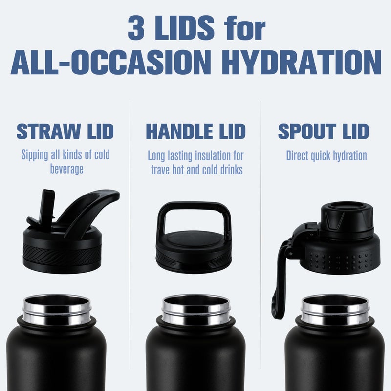 OLDLEY 24 oz Insulated Water Bottle With Straw, Stainless Steel Sports Water Cup Flask with 3 Lids(Straw, Spout and Handle Lid) Double Walled Travel Thermal Canteen Mug,Black - Image 2