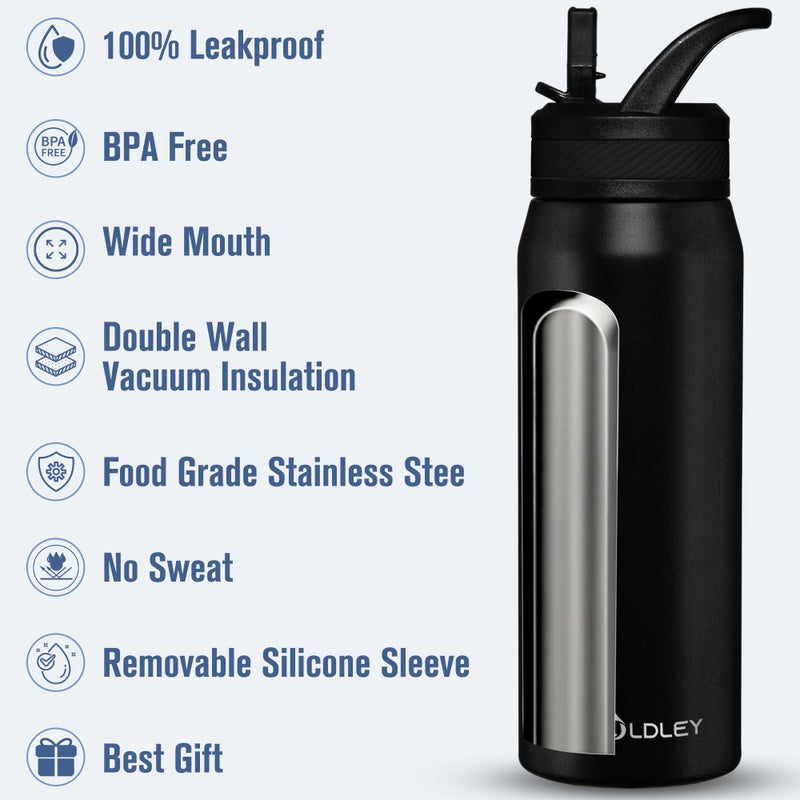OLDLEY 24 oz Insulated Water Bottle With Straw, Stainless Steel Sports Water Cup Flask with 3 Lids(Straw, Spout and Handle Lid) Double Walled Travel Thermal Canteen Mug,Black - Image 3