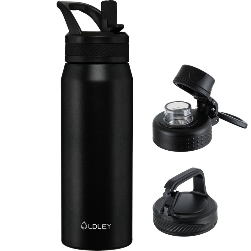 OLDLEY 24 oz Insulated Water Bottle With Straw, Stainless Steel Sports Water Cup Flask with 3 Lids(Straw, Spout and Handle Lid) Double Walled Travel Thermal Canteen Mug,Black - Image 1