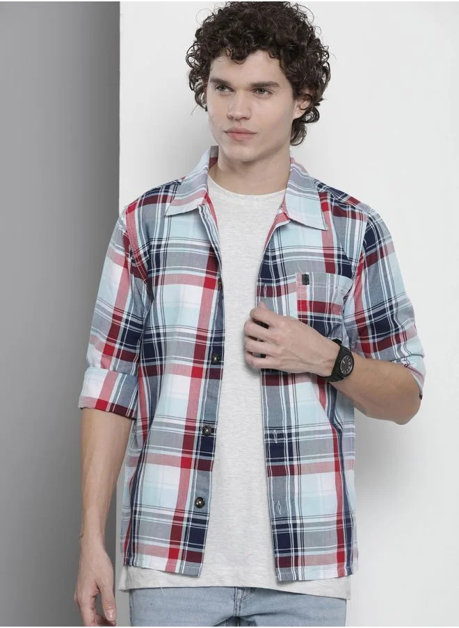 The Indian Garage Co Men Regular Fit Checkered Full Sleeves Cutaway Collar Casual Over Shirt