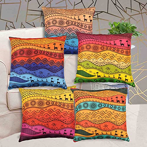 IM FAB IMFAB Camel Multicolor Digital Printed Decorative Canvas Cotton Cushion Covers Set of 5 pcs(40x40 Cms,16x16 Inchs) - Image 1