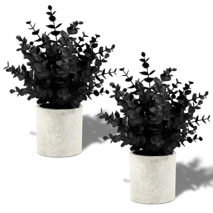 2 PACK BLACK FAKE EUCALYPTUS SMALL FAKE PLANTS POTTED ARTIFICIAL PLANTS FOR HALLOWEEN DECORATIONS SHELF DESK HOME FARMHOUSE ROOM COFFEE TABLE BATHROOM DECORBLACK